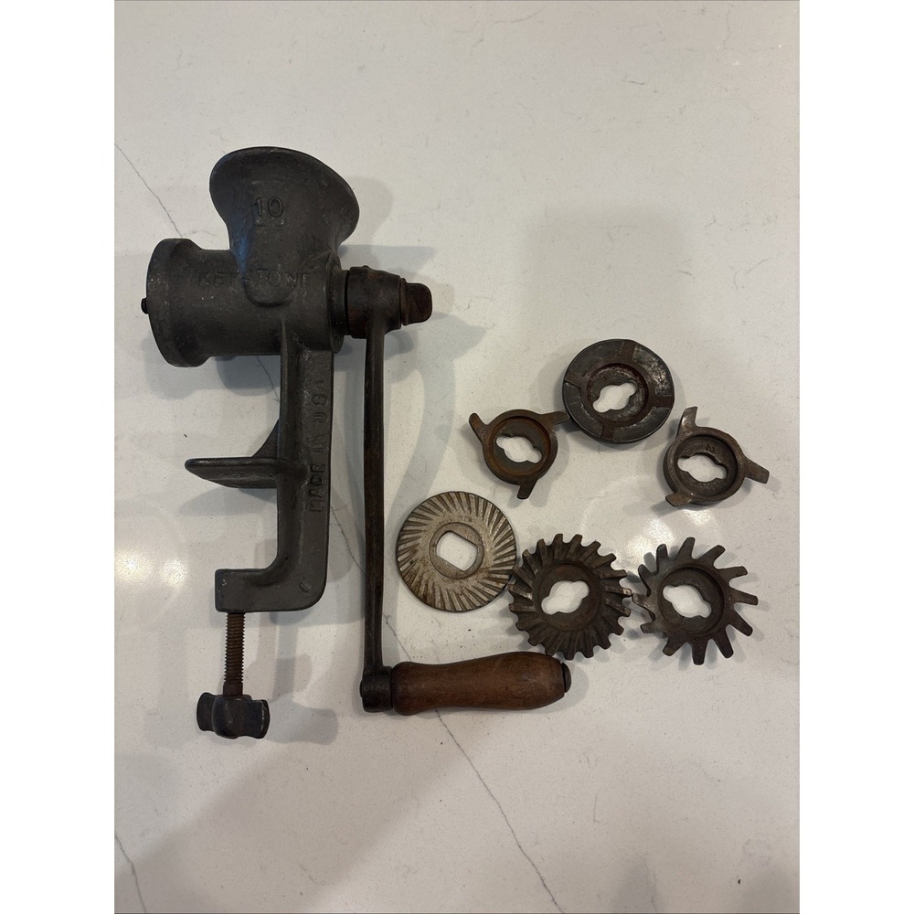 Vintage Keystone No. 10 Meat Grinder Clamp-On Cast Iron USA w/ Attachments